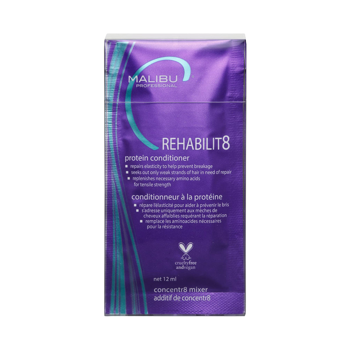 Malibu C Rehabilit8 smoothing conditioner bottle for deep hydration and stronger hair.