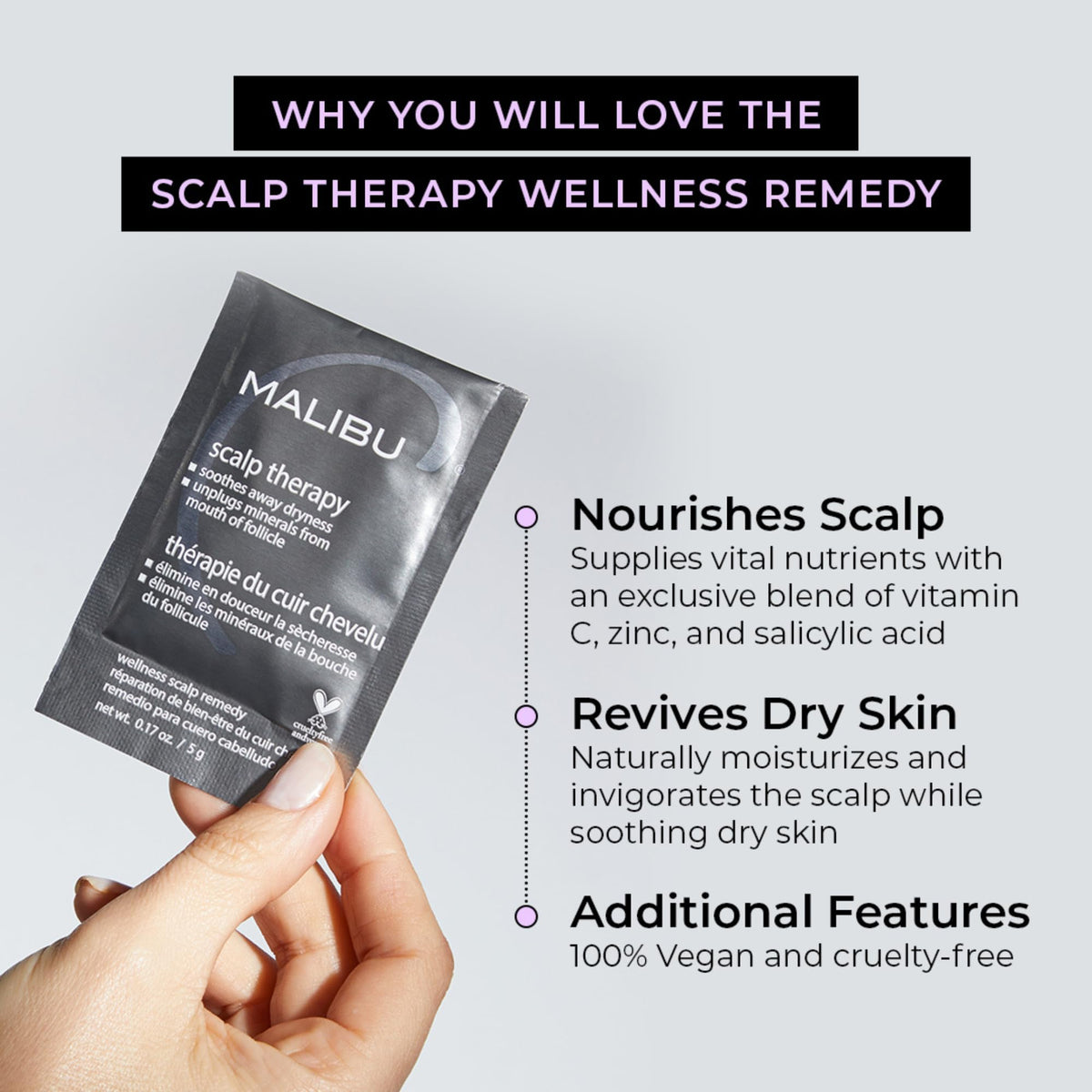 Malibu C Scalp Therapy bottle showing vitamin C and zinc gluconate ingredients