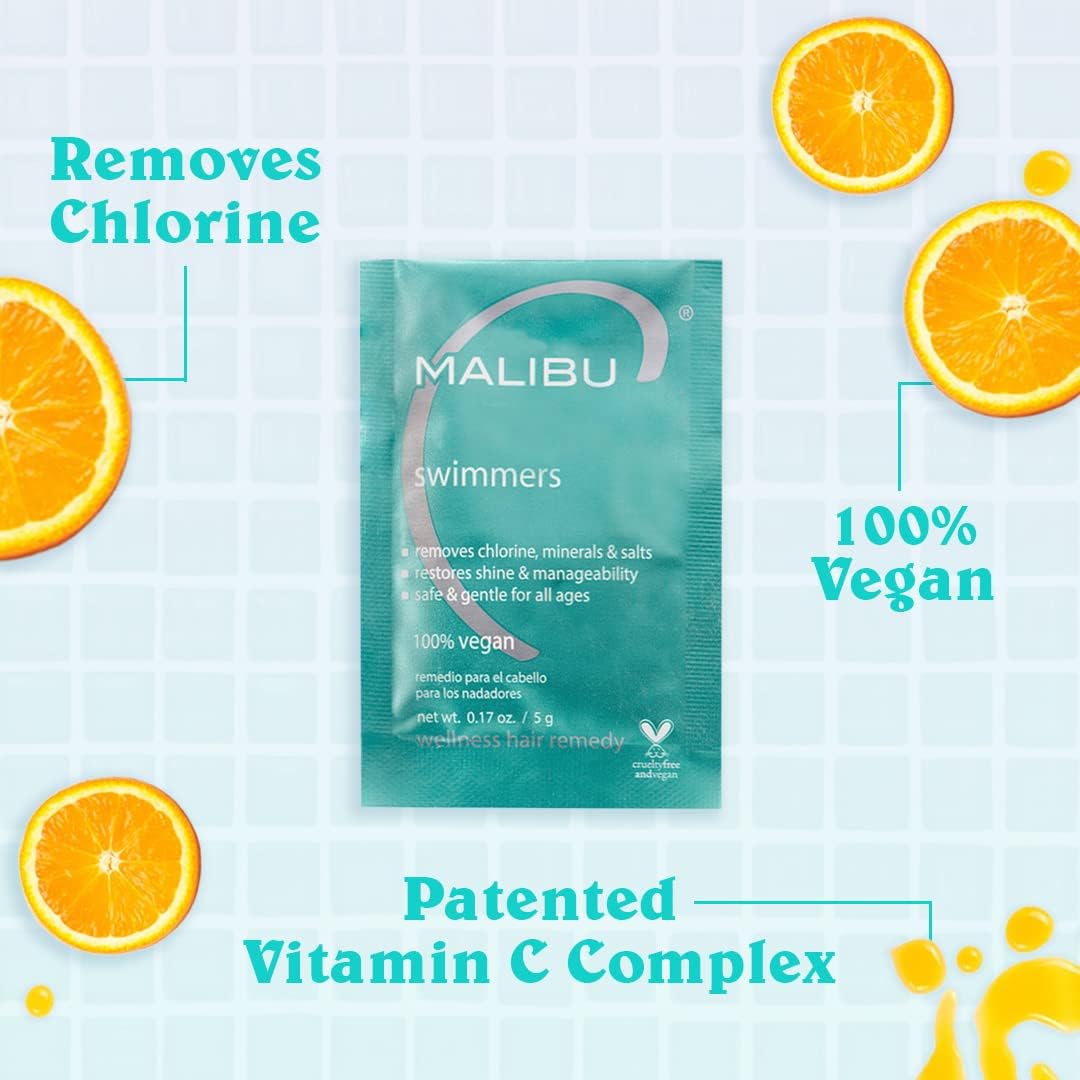 Water droplets on Malibu C Swimmers Wellness Remedy packaging ready for pool care