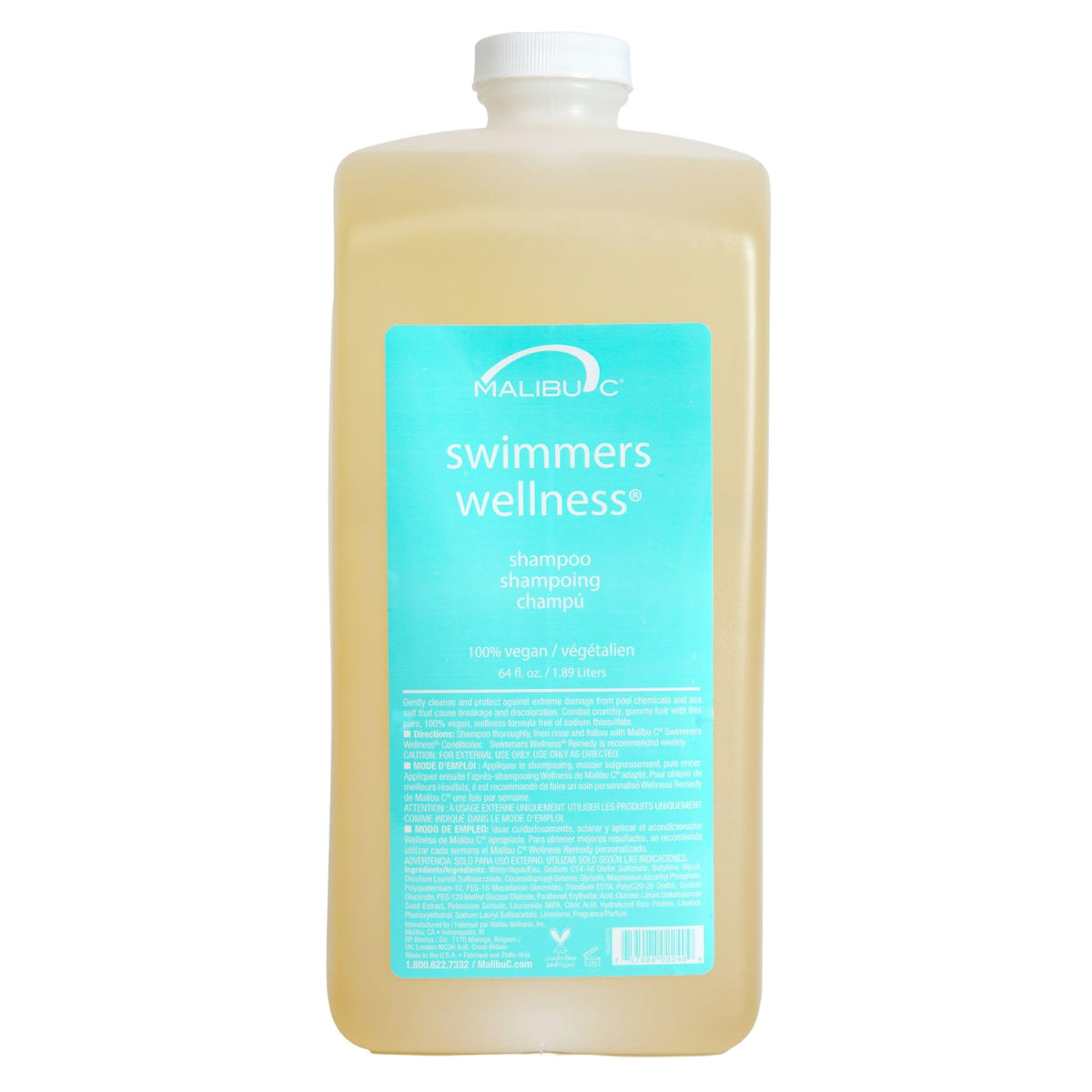 Malibu C Swimmers Wellness Shampoo bottle pour for chlorine protection and easy application.