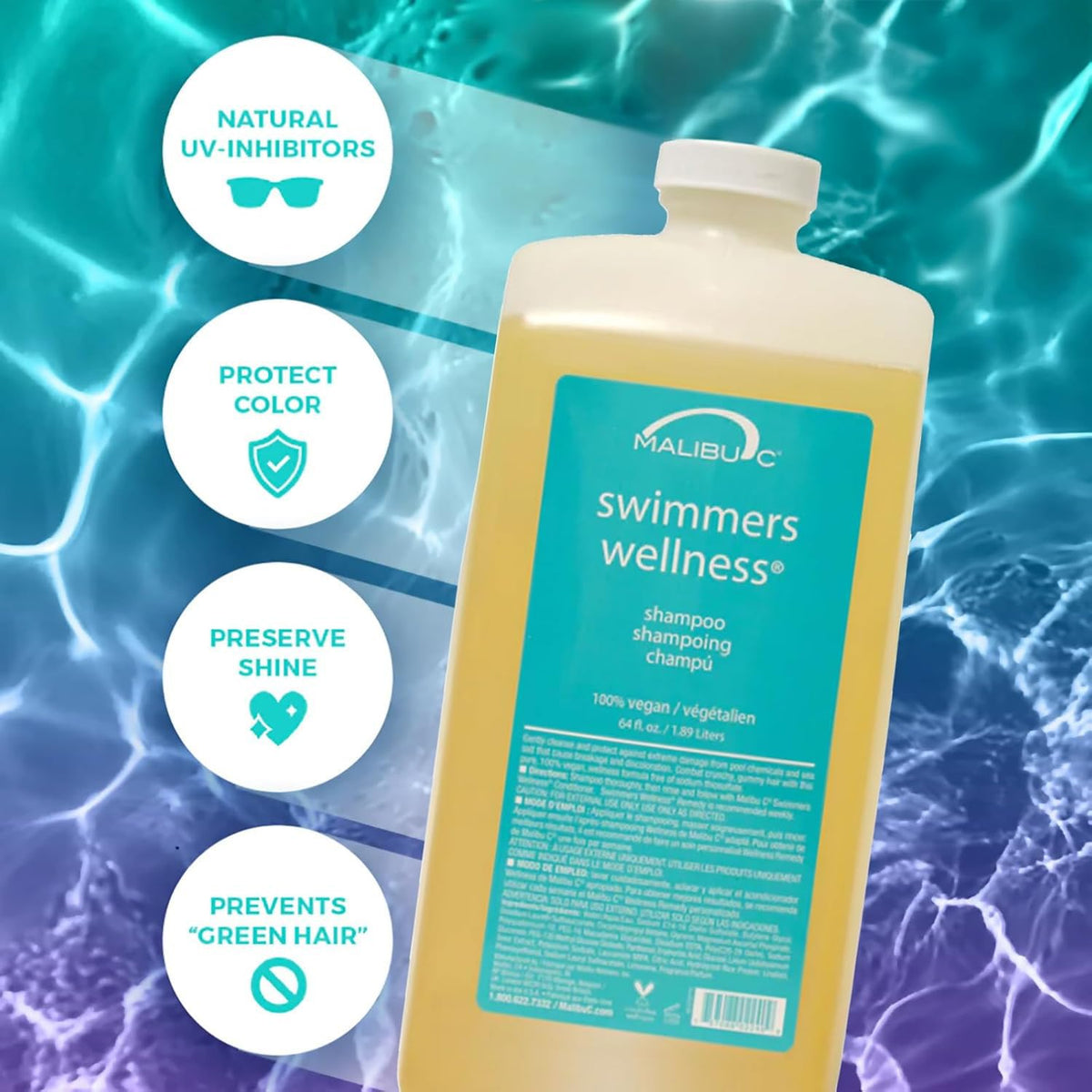 Malibu C Swimmers Wellness Shampoo hair shine showing radiant strands after swimming.