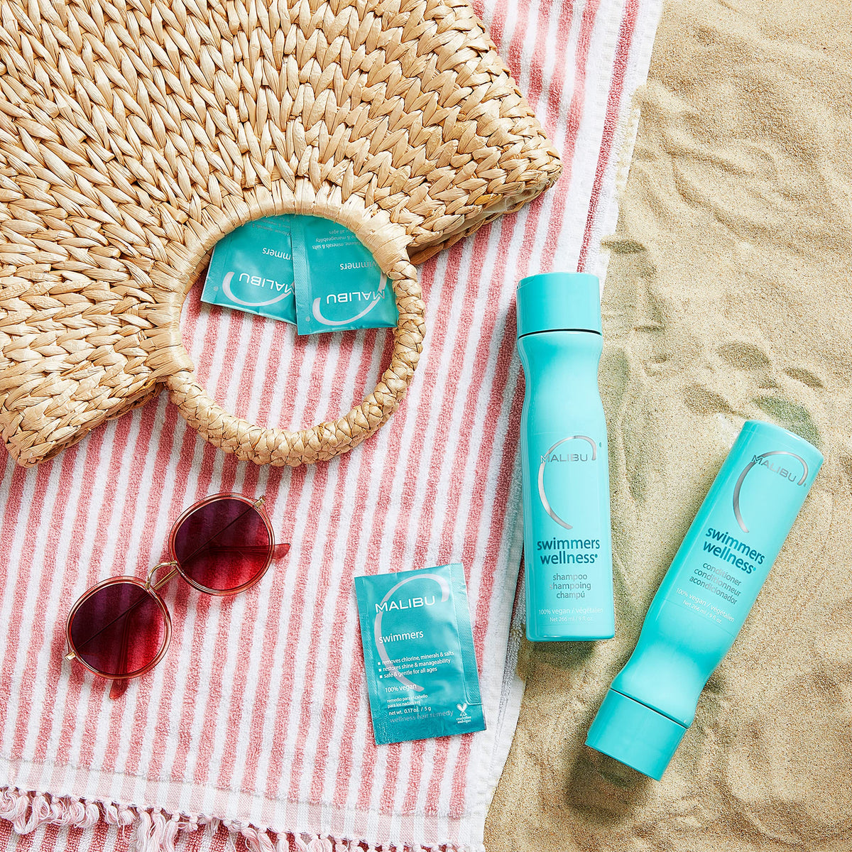 Malibu C Swimmers Wellness Shampoo plant-based ingredients featuring shea butter and oils.