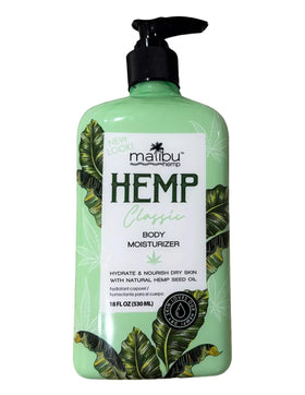Malibu Hemp Classic bottle front showing premium moisturizer for daily hydration.