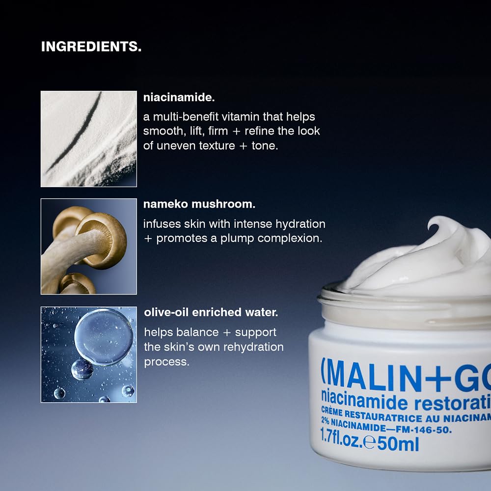 MALIN+GOETZ Niacinamide Restorative Cream ingredients list highlights nourishing actives.