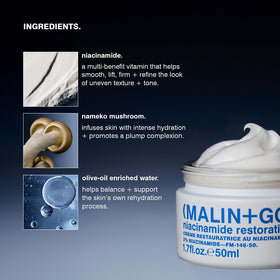 MALIN+GOETZ Niacinamide Restorative Cream ingredients list highlights nourishing actives.
