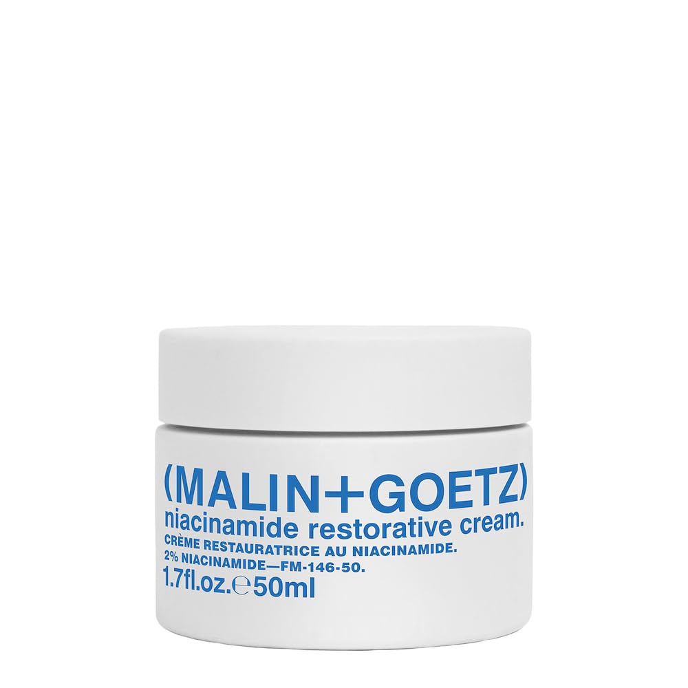MALIN+GOETZ Niacinamide Restorative Cream jar shows rich texture for hydrating skincare.