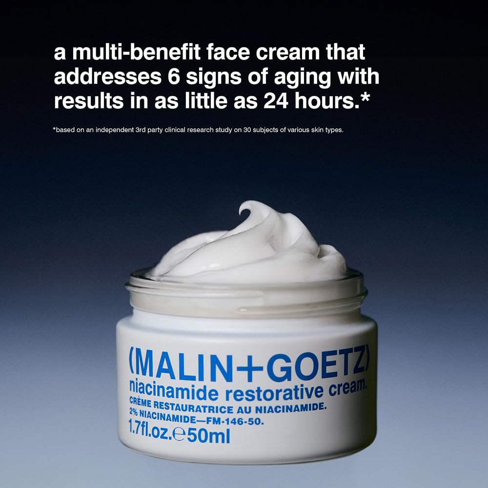 MALIN+GOETZ Niacinamide Restorative Cream label close-up highlights premium branding.