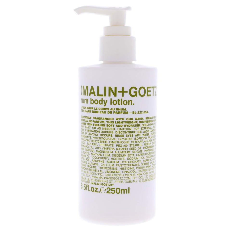 MALIN+GOETZ Rum Body Lotion bottle for lightweight daily hydration.