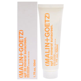 MALIN+GOETZ SPF 30 mineral sunscreen bottle offers lightweight daily protection.