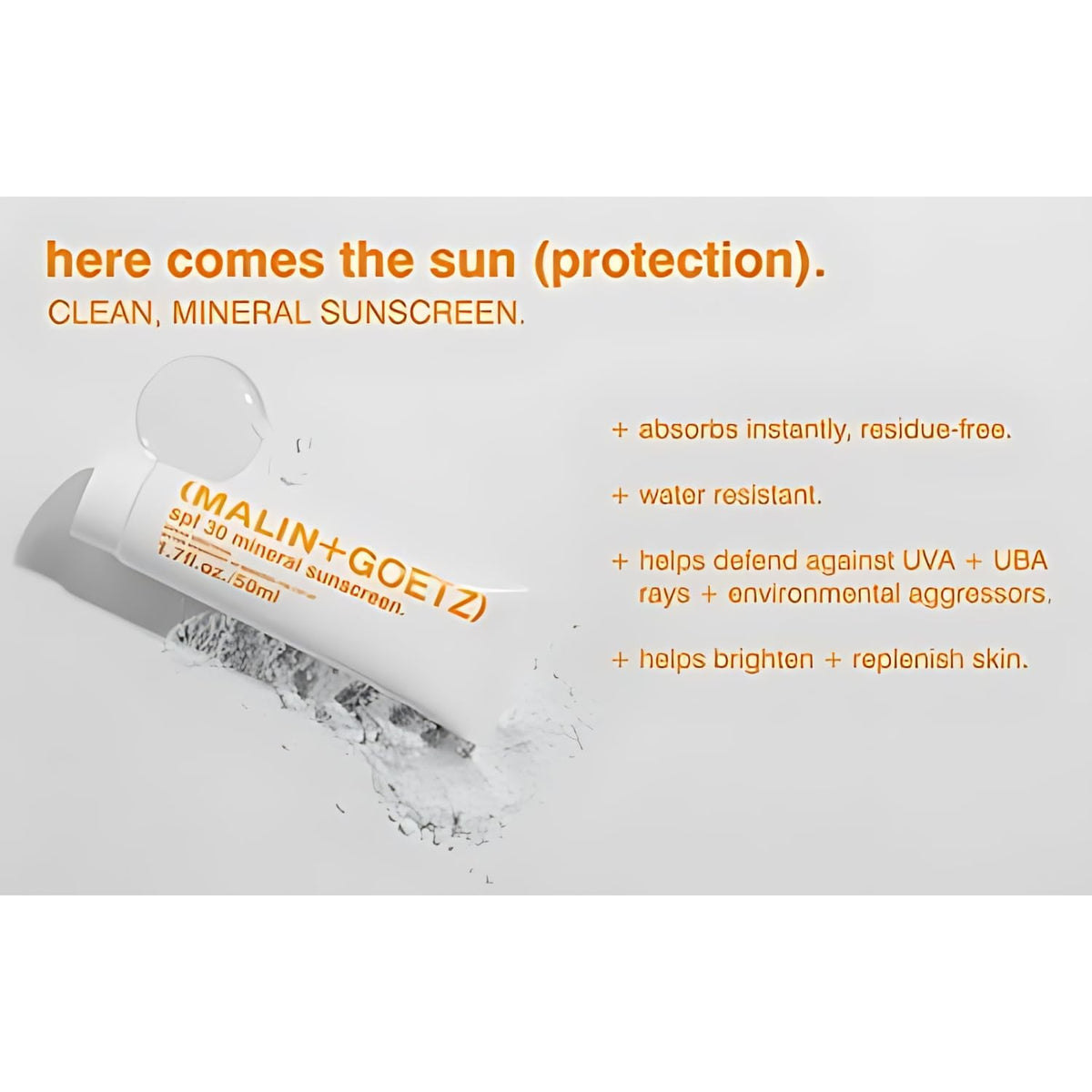 MALIN+GOETZ SPF 30 texture close-up reveals lightweight gel-cream that absorbs quickly.