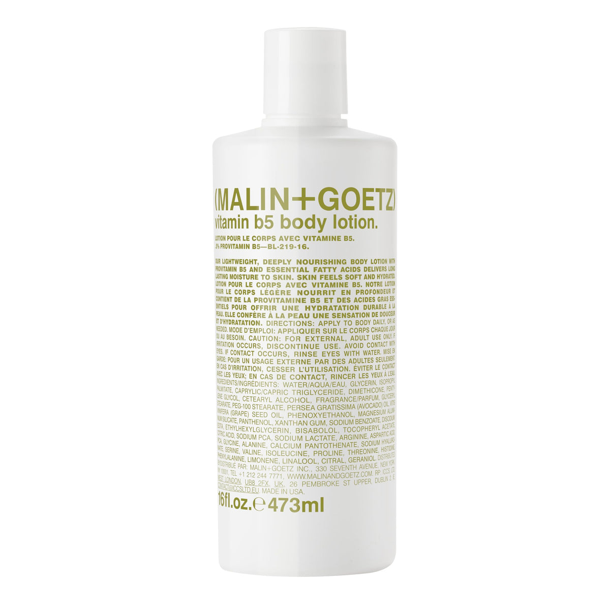 MALIN+GOETZ Vitamin B5 Body Lotion bottle showing lightweight hydration for daily use