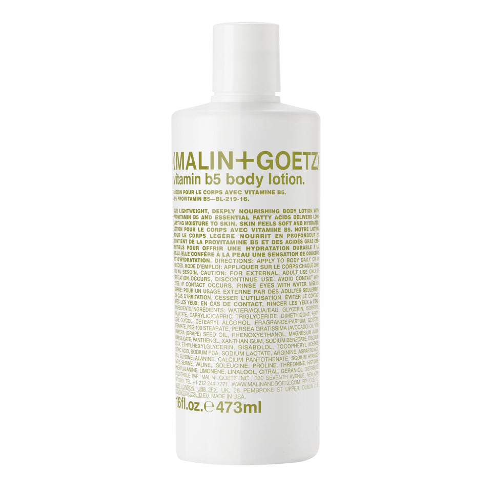 MALIN+GOETZ Vitamin B5 Body Lotion bottle showing lightweight hydration for daily use