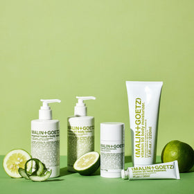 MALIN+GOETZ Vitamin B5 body moisturizer honey detail emphasizes calming scent.