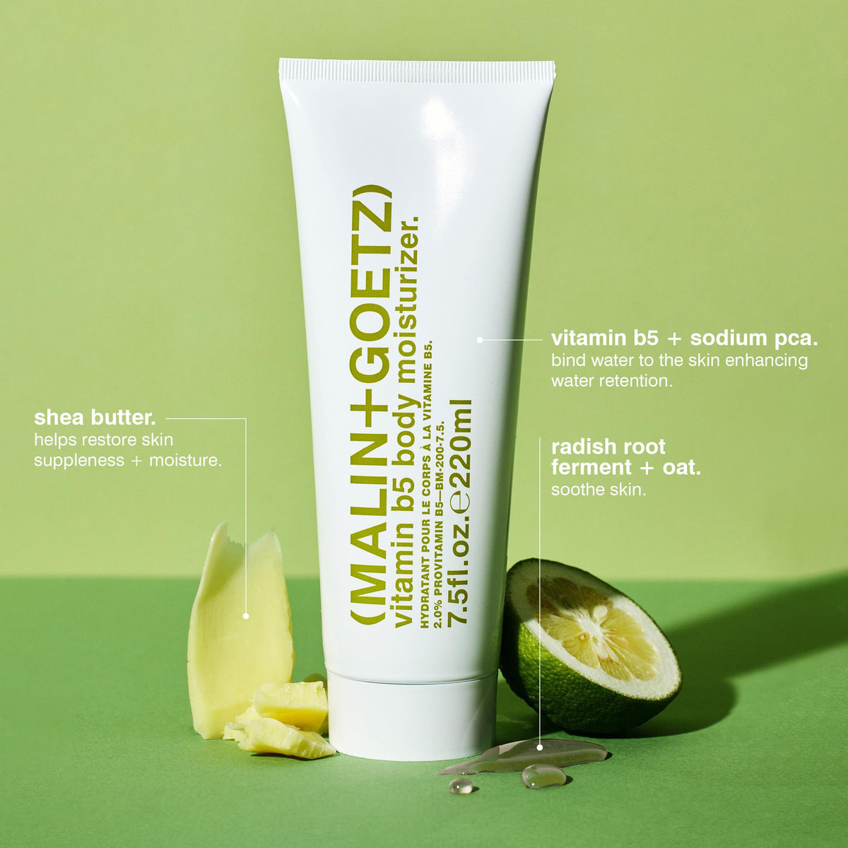 MALIN+GOETZ Vitamin B5 bottle label closeup shows vegan formulation.