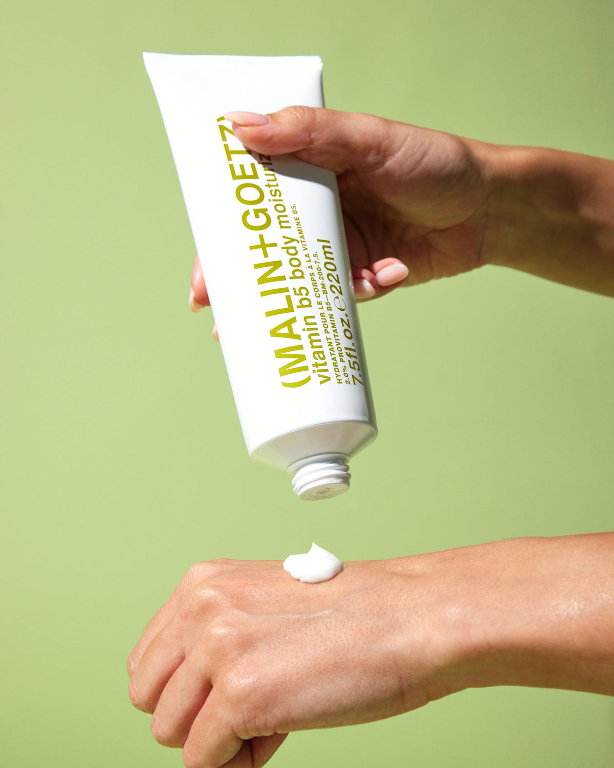 MALIN+GOETZ Vitamin B5 body cream shea butter inset highlights nourishing ingredients.