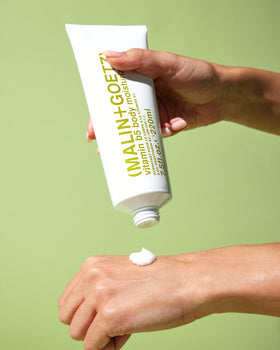 MALIN+GOETZ Vitamin B5 body cream shea butter inset highlights nourishing ingredients.