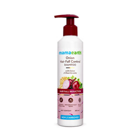 Mamaearth Onion Shampoo bottle front view, gentle daily cleansing for manageable hair