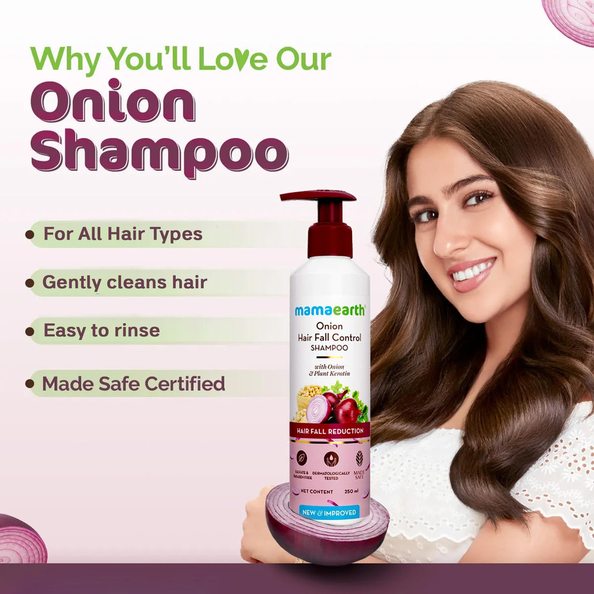 Mamaearth Onion Shampoo ingredient close-up featuring onion extract for nourishment