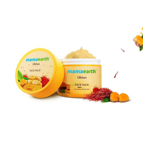 MAMAEARTH Ubtan Face Pack packaging on shelf highlights natural ingredients.