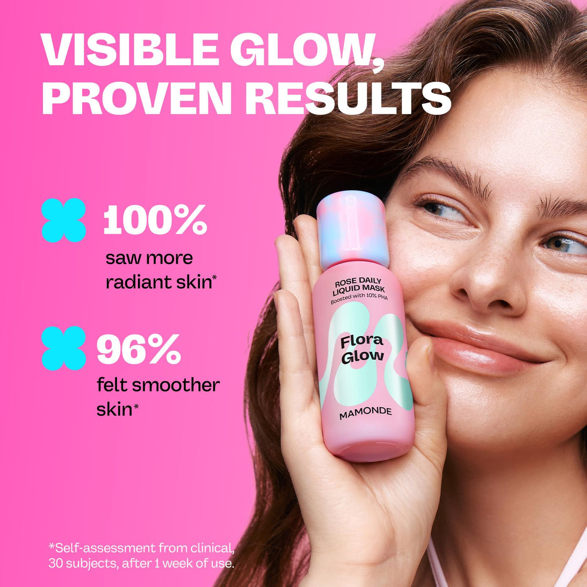 MAMONDE Flora Glow Rose Daily Liquid Mask hydration droplets indicate Hyaluronic Acid moisture support.