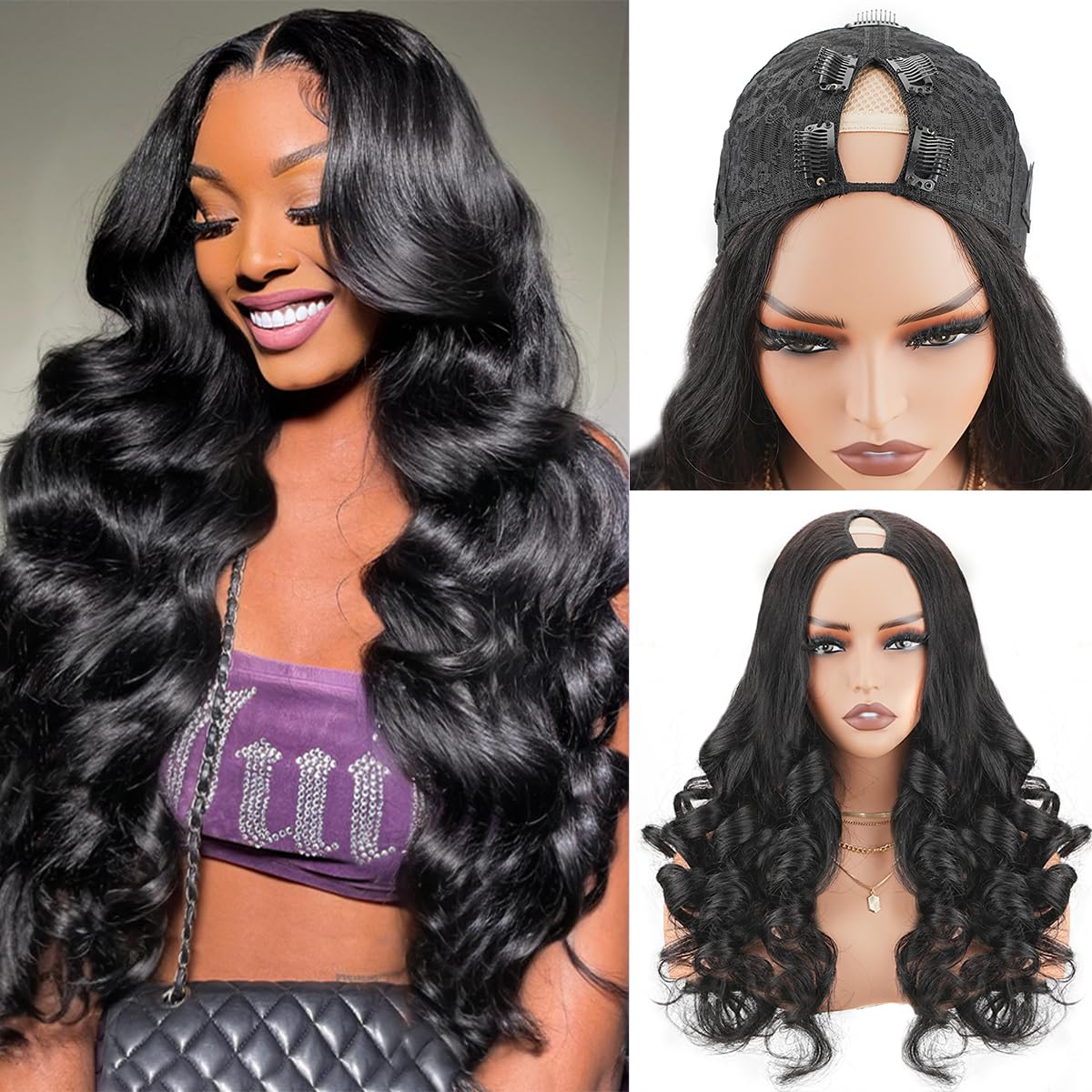 Mamushow body wave V-part wig 26in front view with silky texture and natural blend.