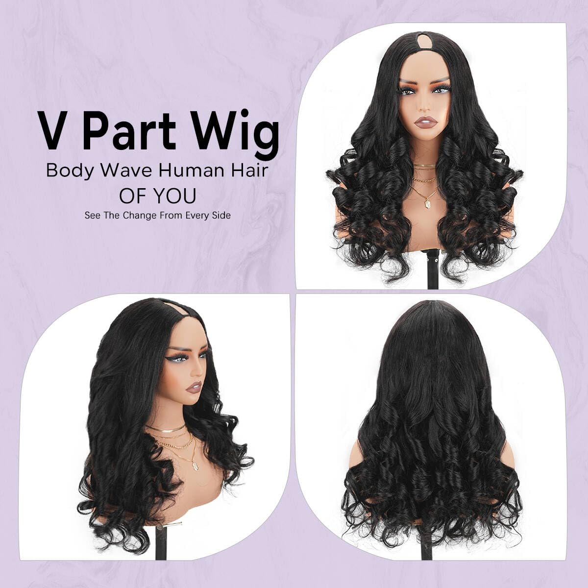 Mamushow body wave V-part wig 26in side view showing length and volume.