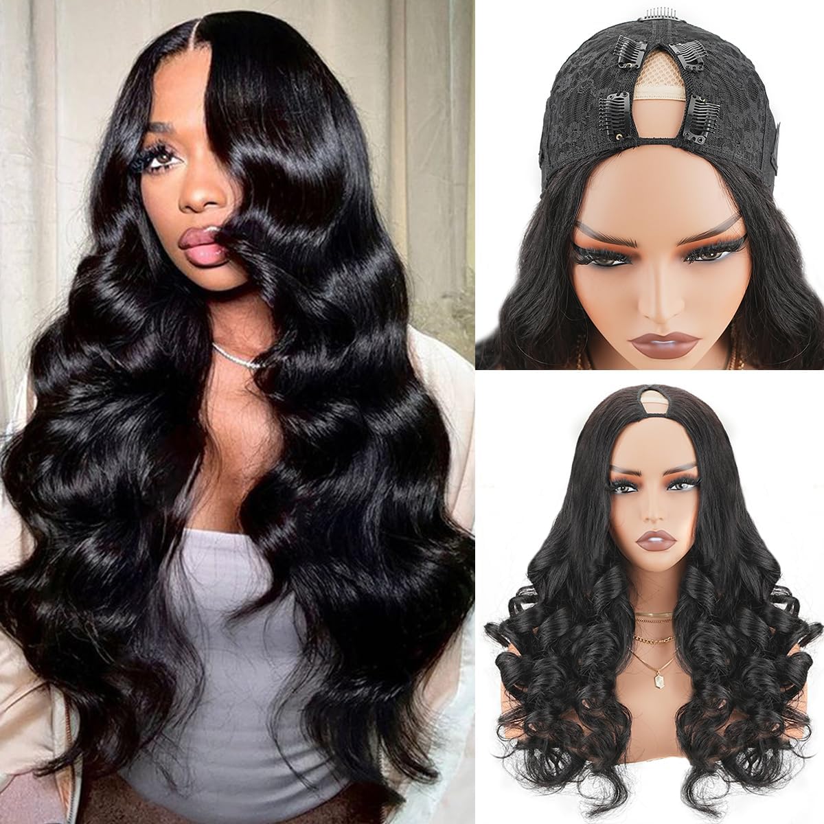 Mamushow body-wave V-part wig 20inch drawstring for a secure, glue-free fit.