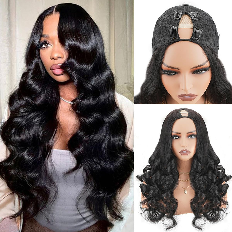 Mamushow body-wave V-part wig 20inch drawstring for a secure, glue-free fit.