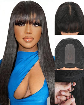 Mamushow straight hair wig with bangs in 18 inch for a natural everyday look