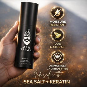 Man Essentials hair fiber application action demonstrates shake-and-set.
