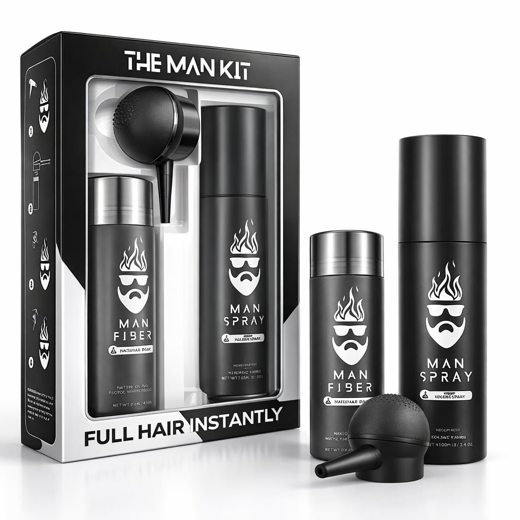 Man Essentials Hair Thickening Fibers (Black) blend with natural hair for fuller, natural appearance.