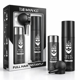 Man Essentials Hair Thickening Fibers (Black) blend with natural hair for fuller, natural appearance.