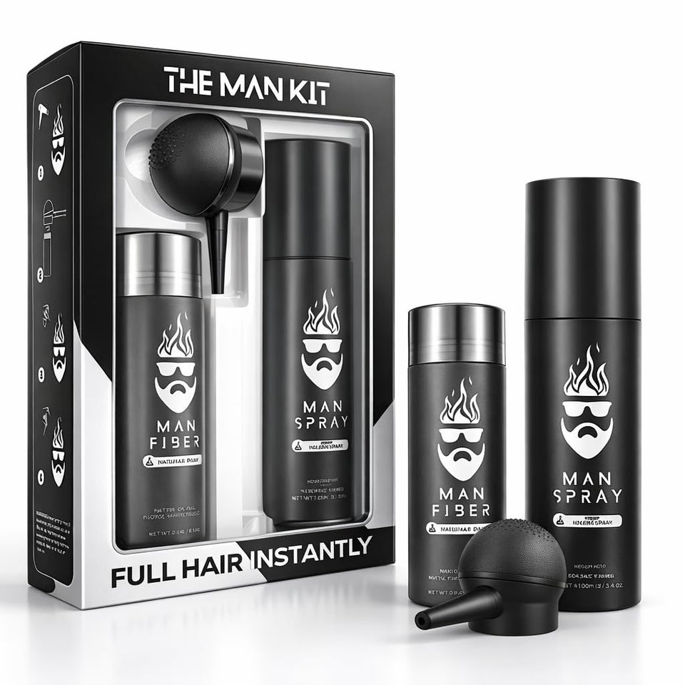 Man Essentials Hair Thickening Fibers (Black) blend with natural hair for fuller, natural appearance.