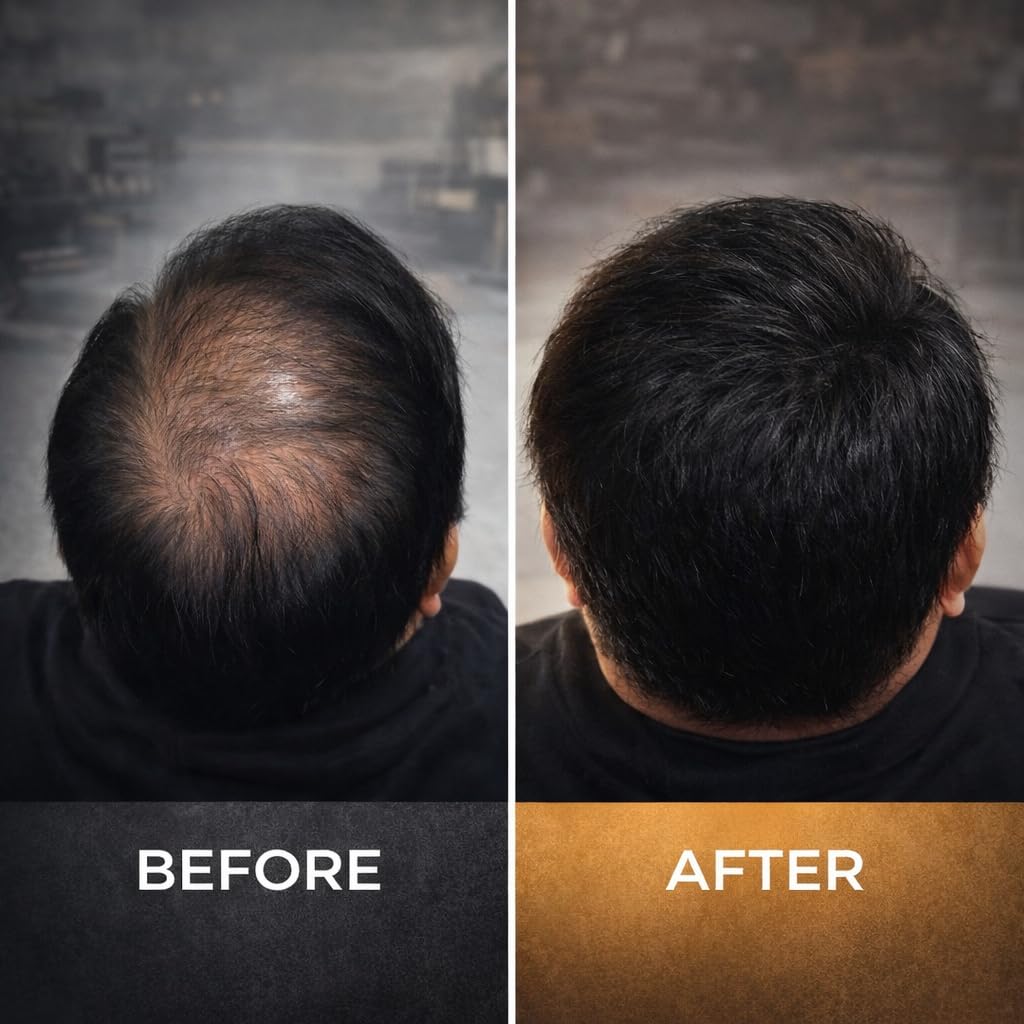 Man Essentials Hair Thickening Fibers closeup showing natural texture and powder.
