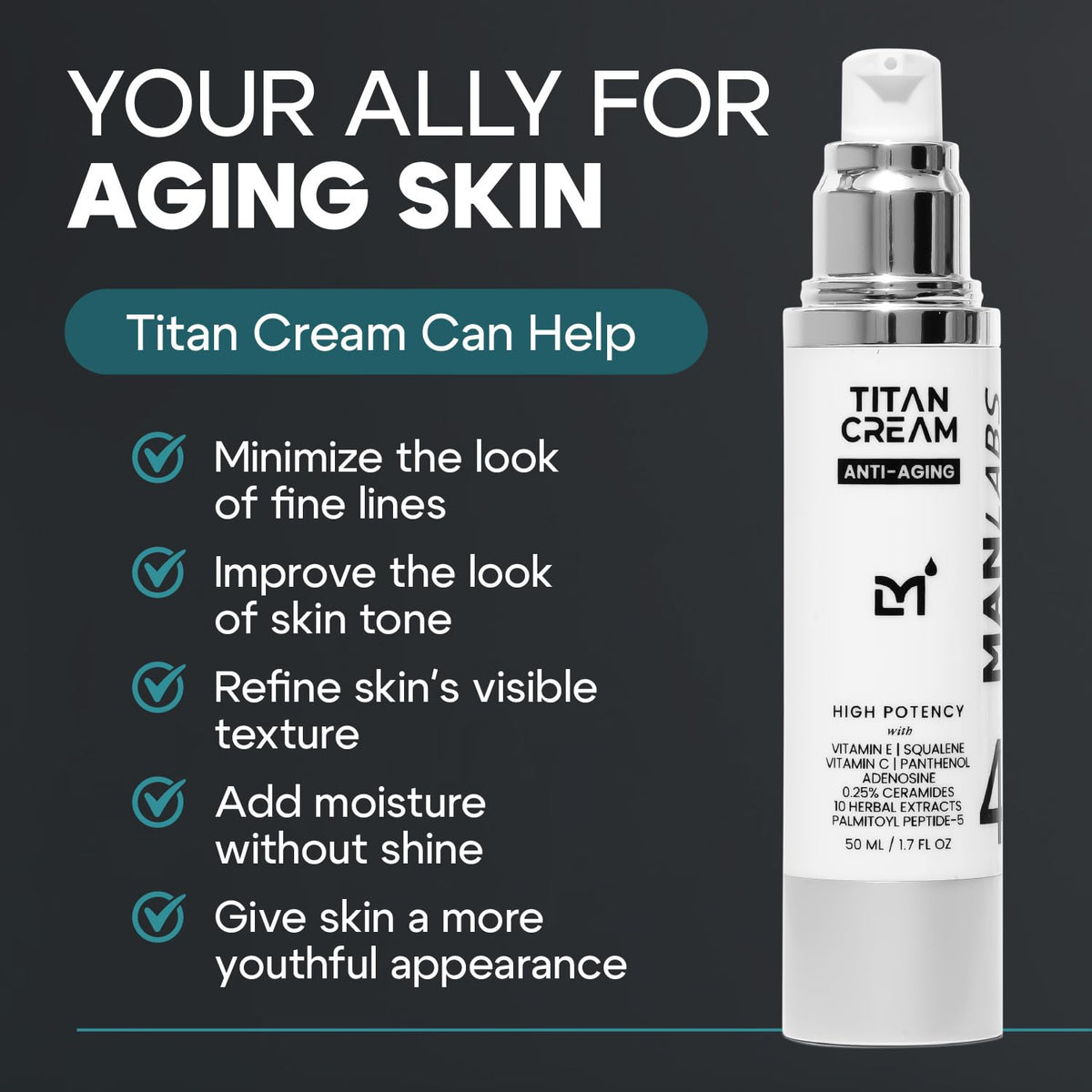 Man Labs Titan ingredients highlight ceramides and vitamins for skin barrier support.
