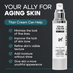 Man Labs Titan ingredients highlight ceramides and vitamins for skin barrier support.