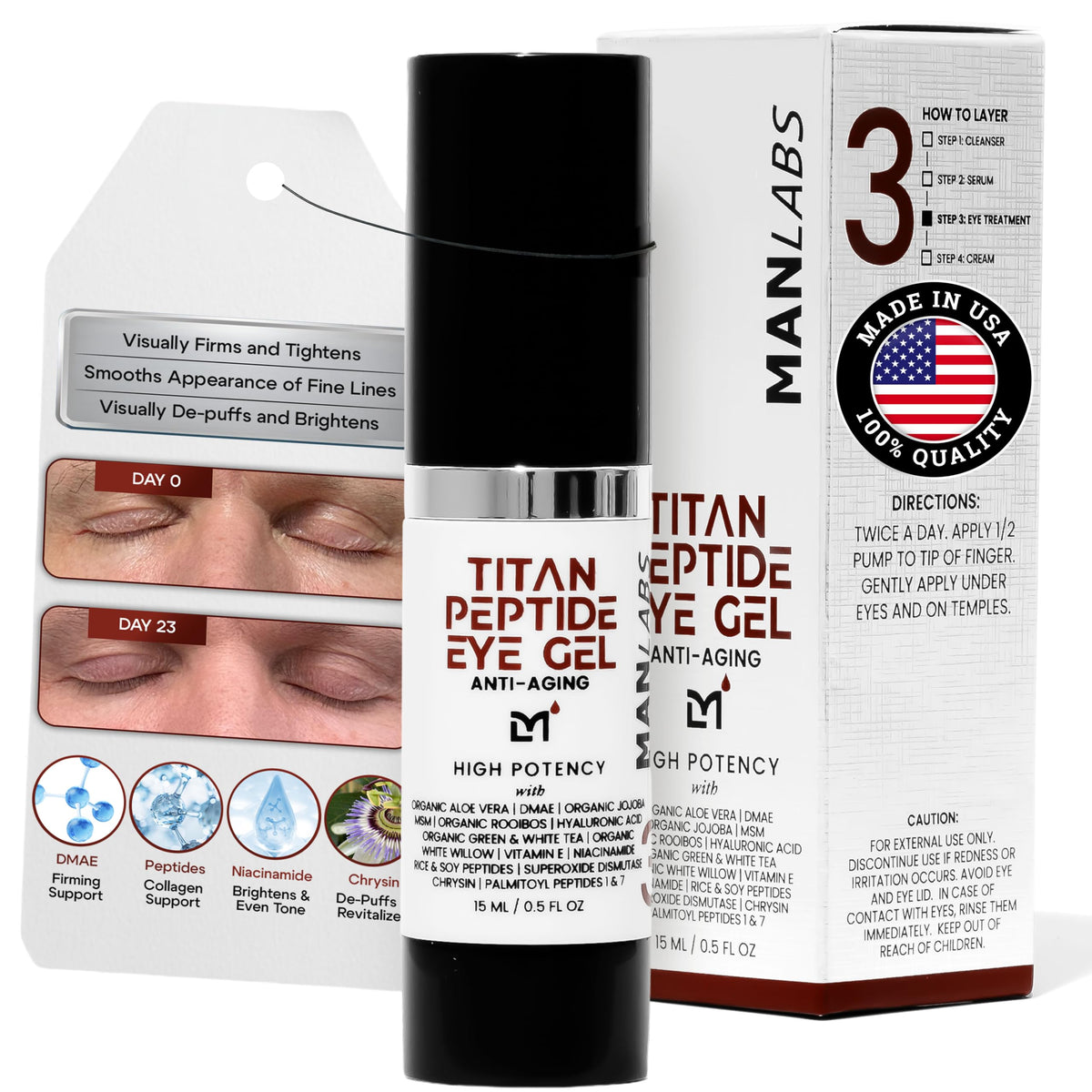 Man Labs Titan Peptide Cooling Eye Serum bottle in sleek airless packaging preserves potency.