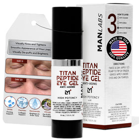 Man Labs Titan Peptide Cooling Eye Serum bottle in sleek airless packaging preserves potency.