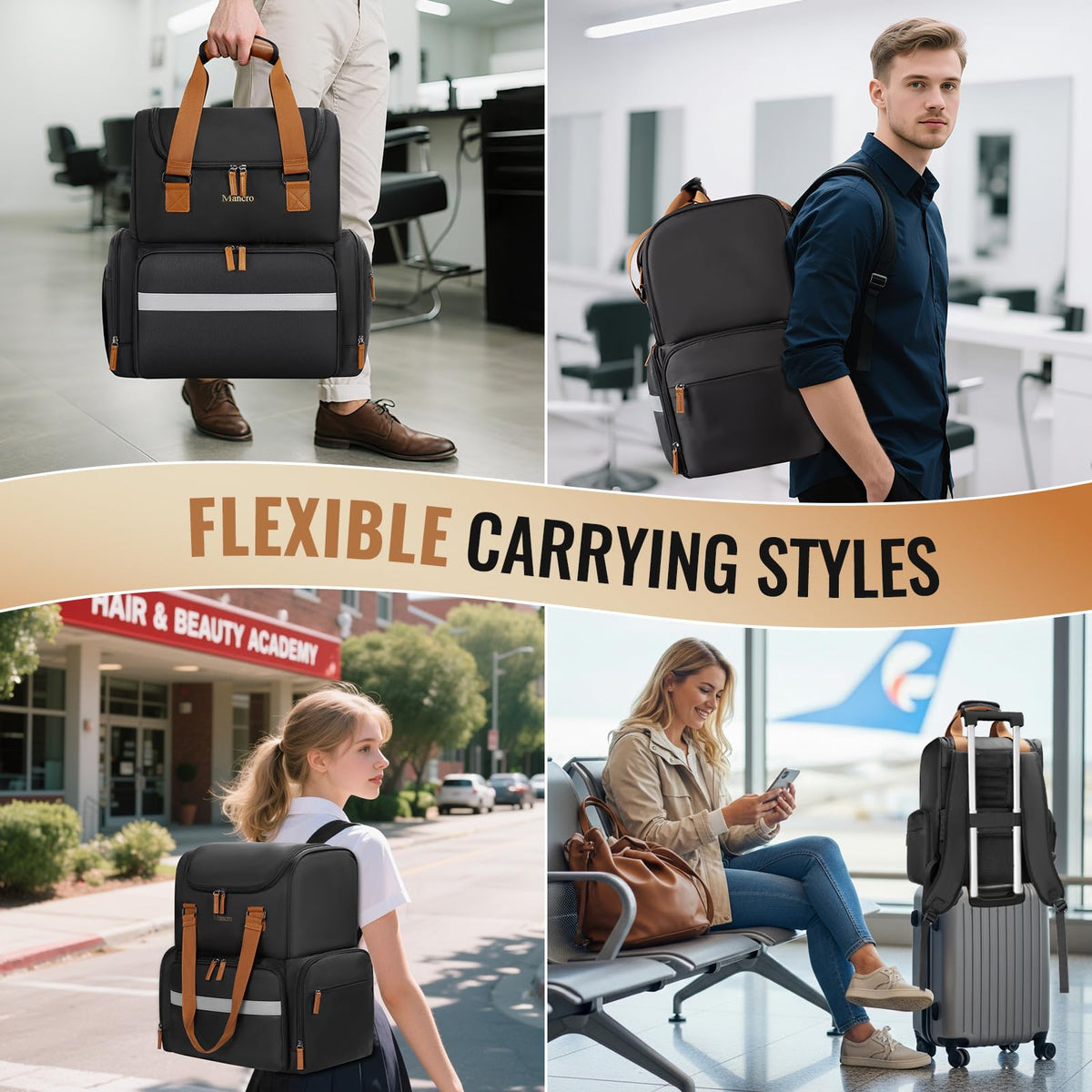 Mancro Hairstylist Travel Bag breathable back panel eases wear during long trips.