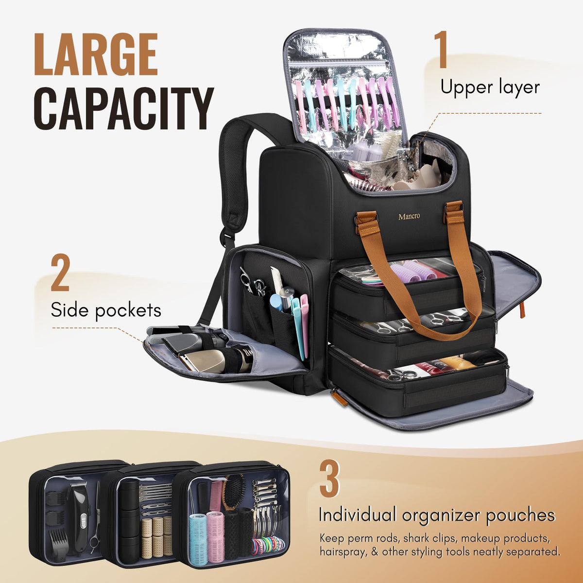 Mancro Hairstylist Travel Bag lower section stores three pouches for organized tools.