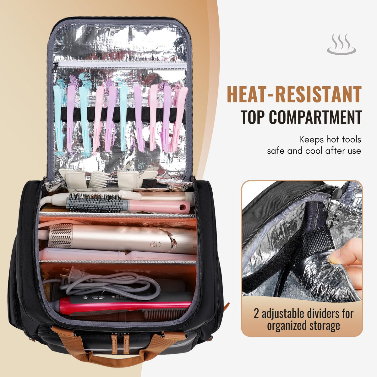 Mancro Hairstylist Travel Bag removable pouches keep gels, clips, and brushes tidy.