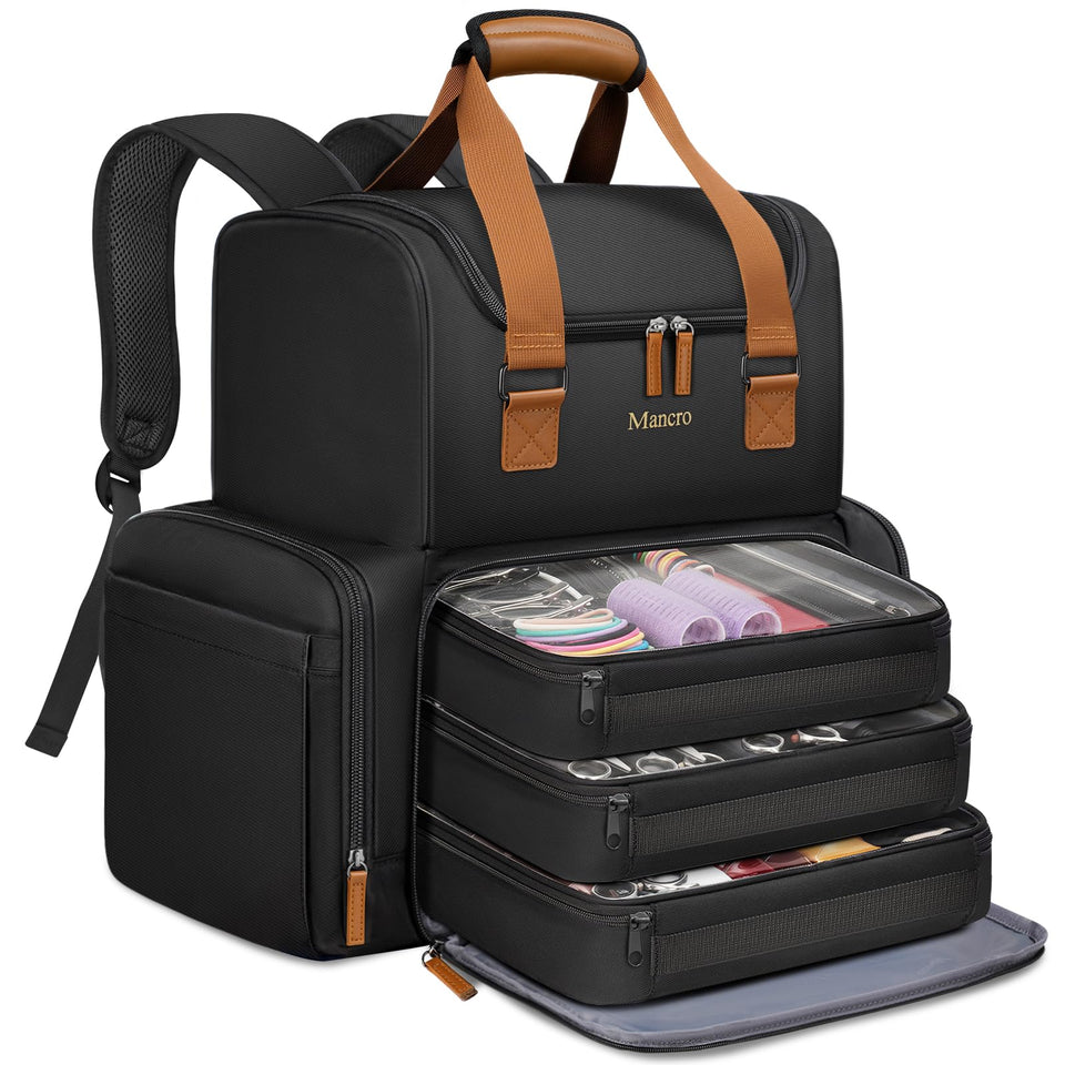 Mancro Hairstylist Travel Bag top compartment keeps cosmetics within easy reach on the go.