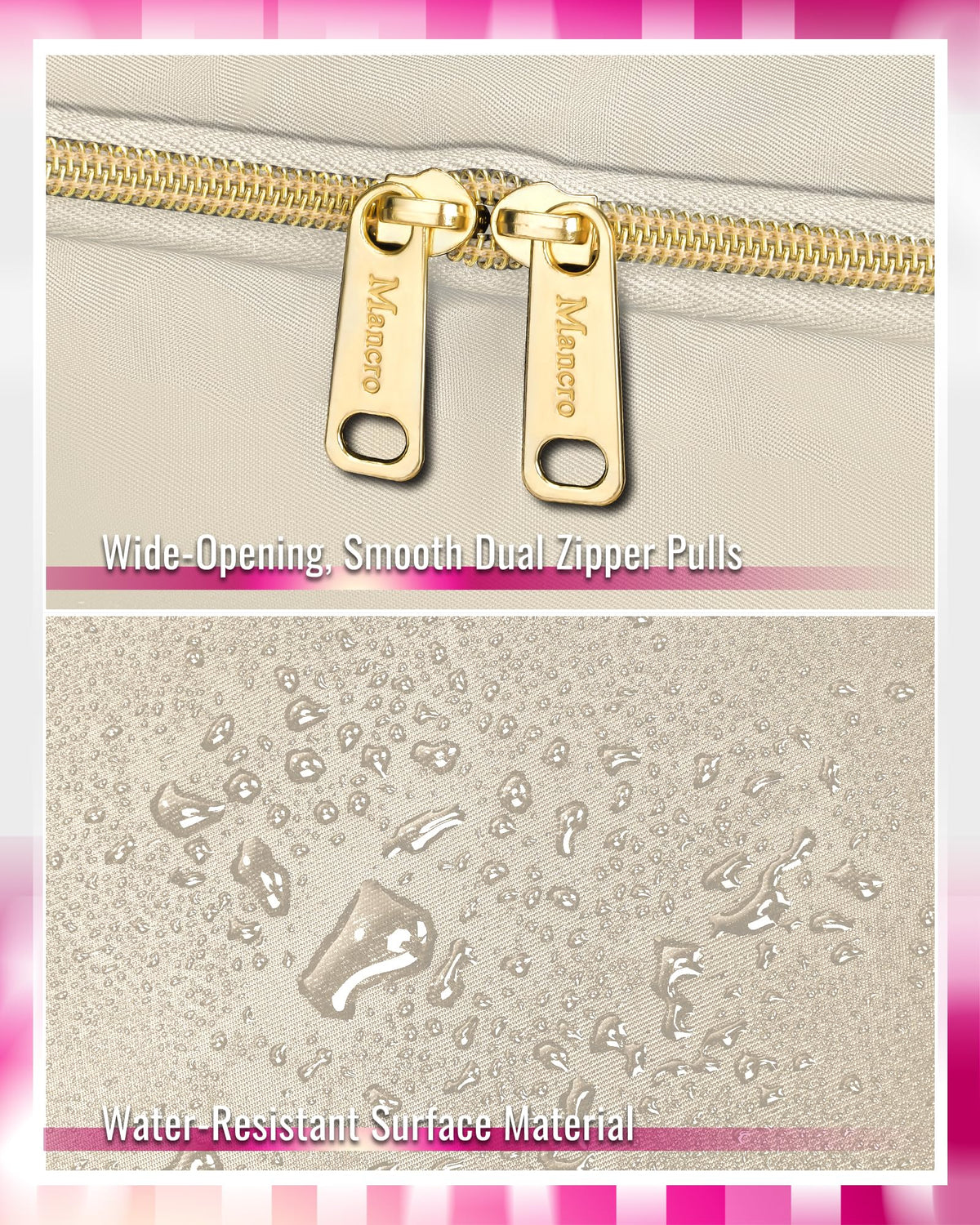 Mancro bag top handles for easy carrying and hanging.