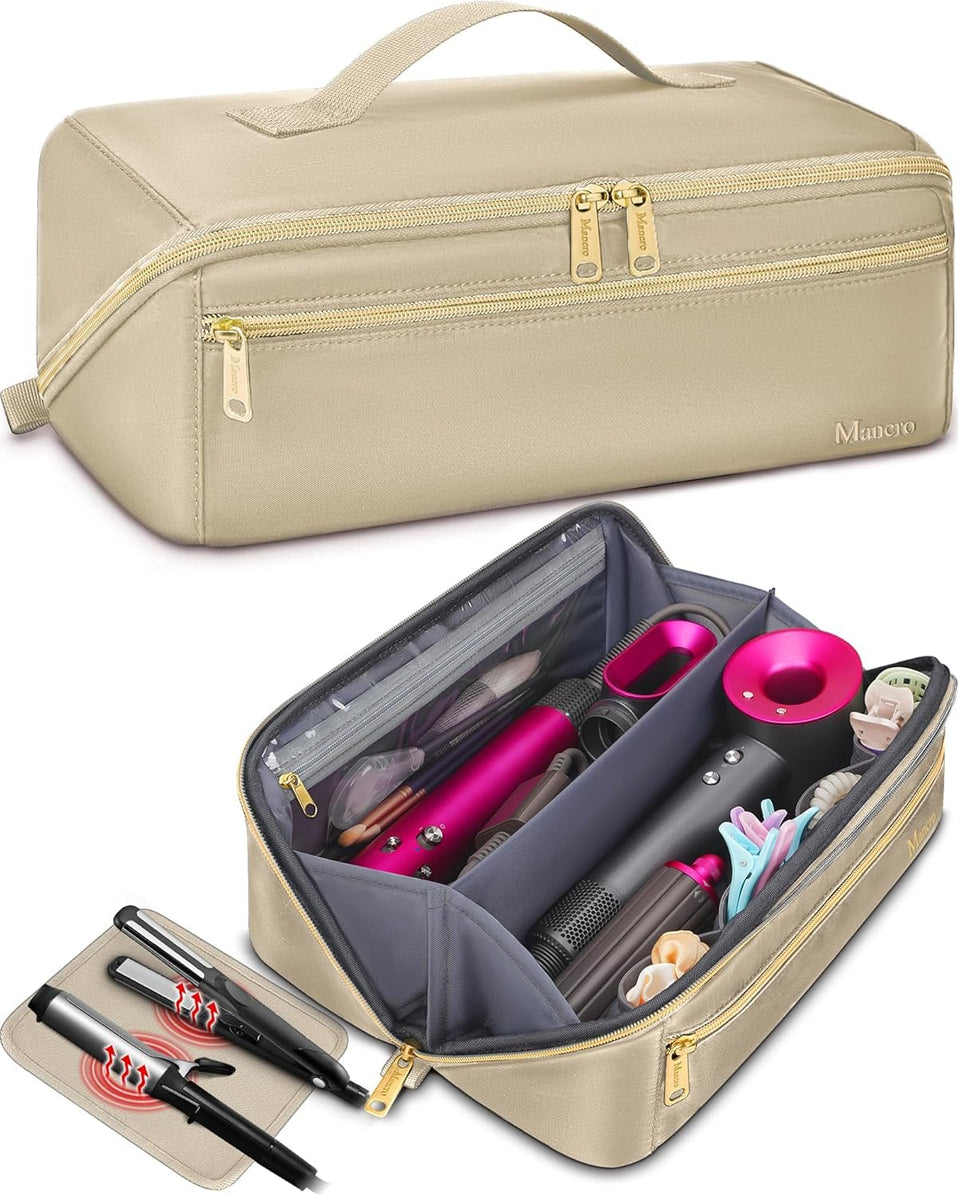 Mancro travel bag wide opening showing organized interior for hot tools.