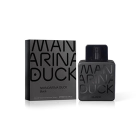 Mandarina Duck Black bottle close-up shows sleek masculine design for daily use
