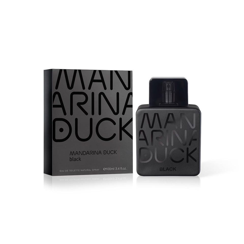 Mandarina Duck Black bottle close-up shows sleek masculine design for daily use