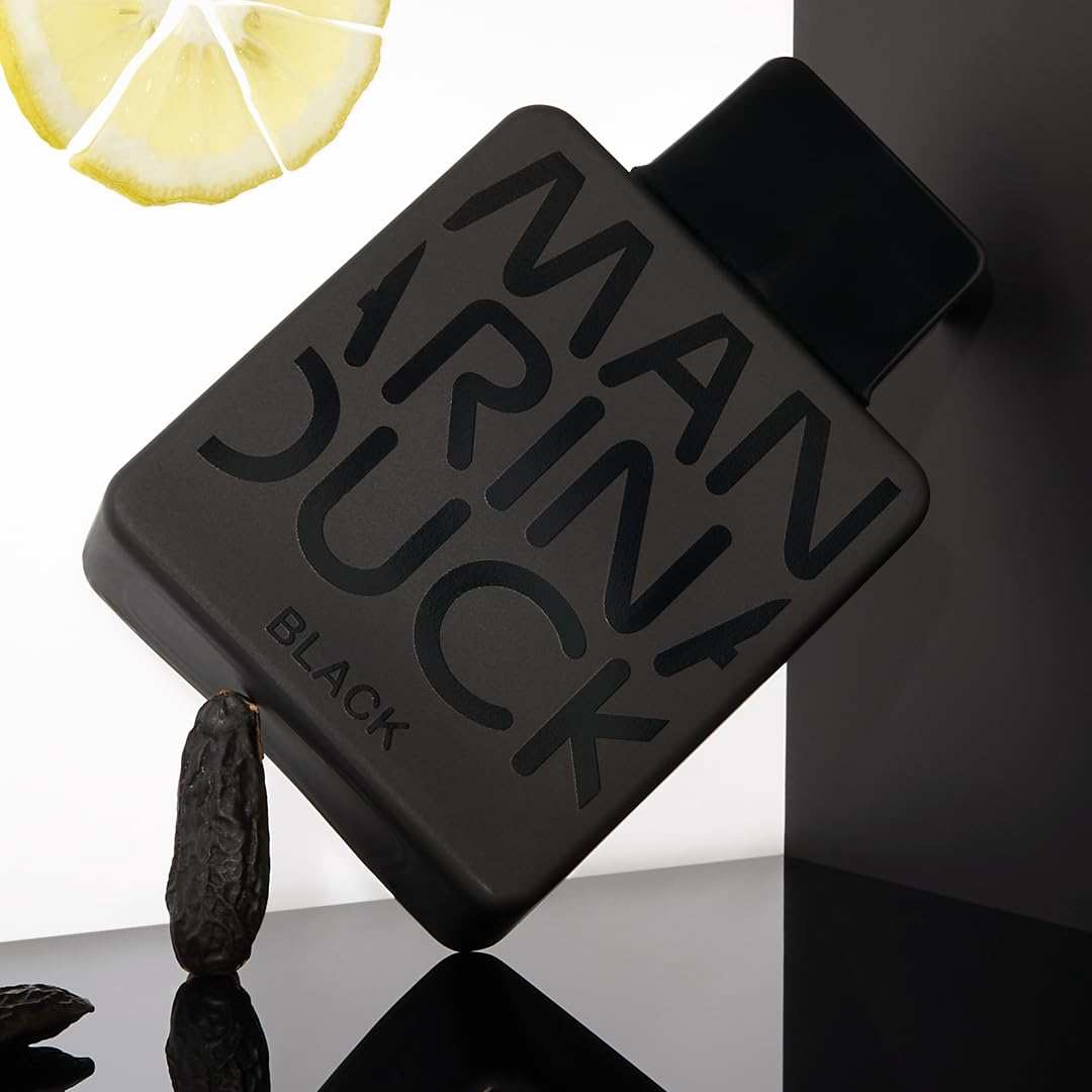 Mandarina Duck Black bottle side view highlights sturdy construction and elegance
