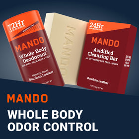 Mando 4-in-1 Acidified Cleansing Bar lowers skin pH for odor defense.