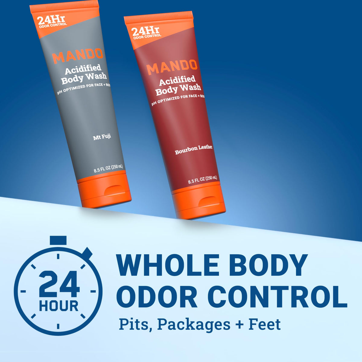 Mando Acidified Body Wash 24-Hour Odor Control bottle illustration on packaging.
