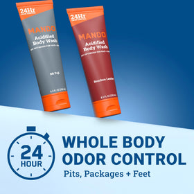 Mando Acidified Body Wash 24-Hour Odor Control bottle illustration on packaging.